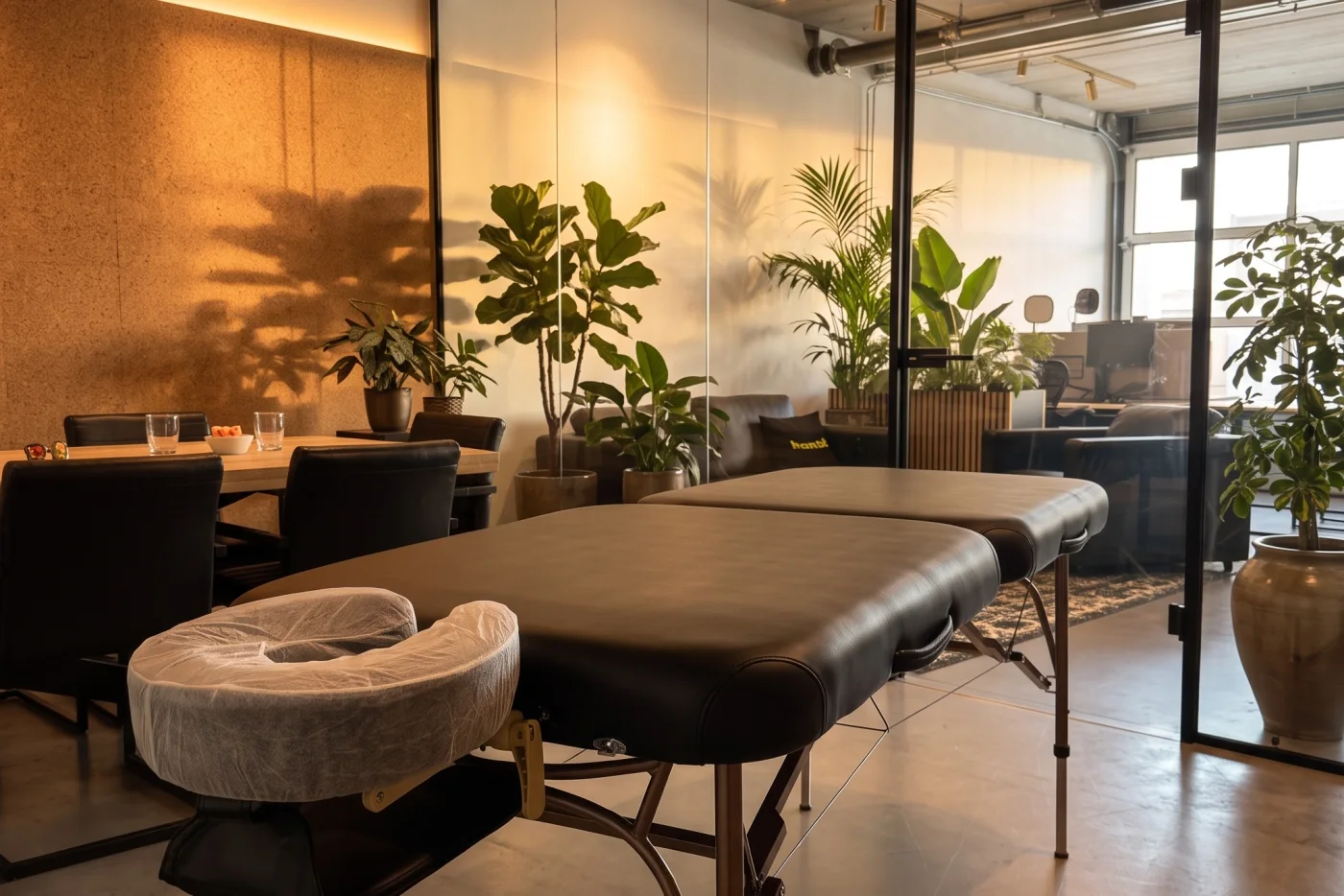 Massagetafel opgesteld op kantoor voor een tafelbehandeling op het werk